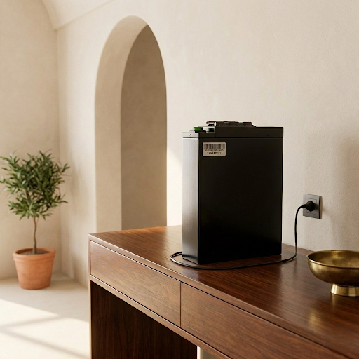 Batterie NovaRide en charge sur un meuble de salon